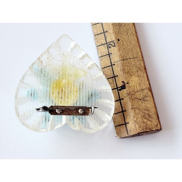 VTG Lucite Heart Brooch With Wired Glass Flower (A46) - Picture 4 of 5
